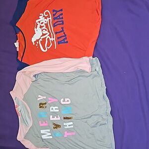 2 Juniors Shirts Pink Grey Colorful Merry Everything & Blue Red Sleigh All Day L